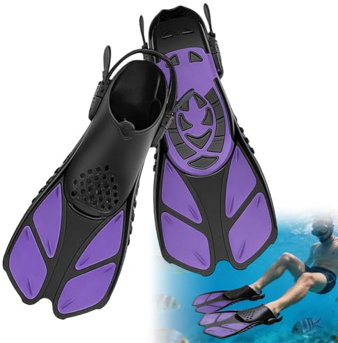 Flossen Verstellbare Schwimmflossen Kurz für Erwachsene & Kinder, Reisegröße Schnorchelflossen & Taucherflossen, Kompakt & Bequem mit Offener Ferse (Lila, 27-31CM)