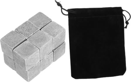 BUGUUYO Set 12 Pietre per Whisky in Marmo Riutilizzabili, Cubetti di Ghiaccio in Pietra 2x2x2 Cm Sacchetto in Velluto, Raffreddamento Rapido per Bevande, per Feste e Bar