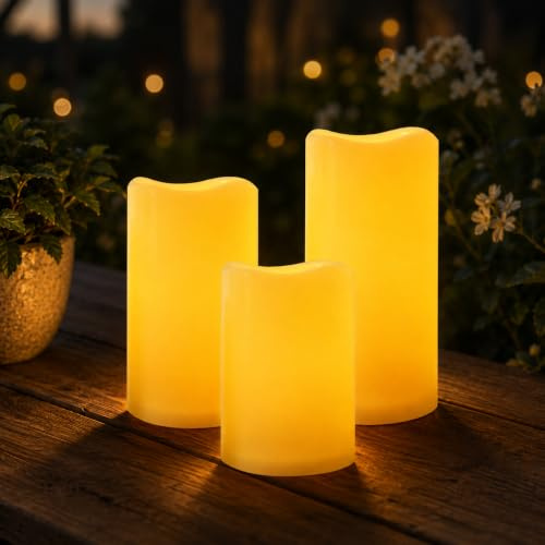 Festive Lights Set di 3 candele solari a LED per esterni, impermeabili, ricaricabili, per esterni, resistenti alle intemperie, decorazione da giardino, balcone, terrazza