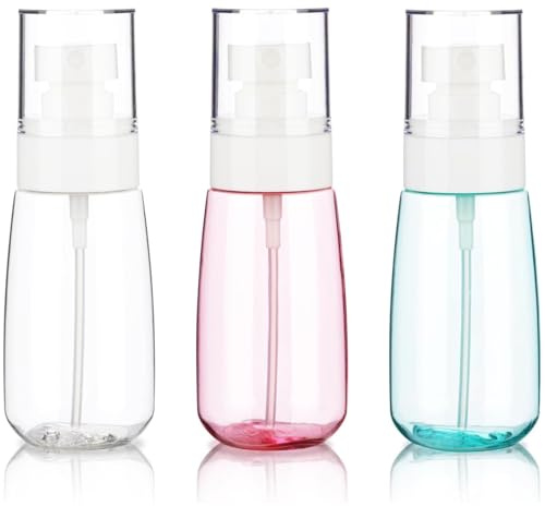 HUZNA Set di 3 Bottiglie Spray da Viaggio 100ml, Flaconi Portatili Ricaricabili per Liquidi e Profumi, Contenitori per Cosmetici Approvati per Bagaglio a Mano Aereo, Trasparente, Blu e Rosa