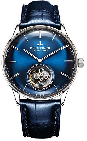 REEF TIGER Blue Tourbillon Watch Leather Strap Men Luxury Brand Automatic Mechanical Watches RGA1930 (RGA1930-YLL)