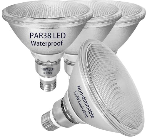 Classic Glass PAR38 LED Flood Light Bulbs Outdoor/Indoor, LED 18W (150W Halogen Equivalent), 5000K Daylight,IP65 Waterproof E26 PAR38 Spotlight For Garage Yard Track Recessed Warehouse, 4 Pack