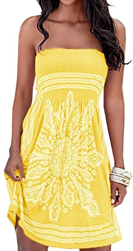 Mujeres verano bandeau hombro descubierto, estampado floral multicolor estilo bohemio casual mini vestidos de playa, amarillo, XL
