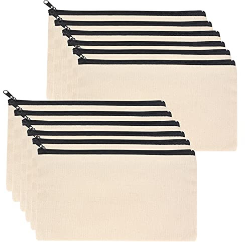 12 Pièces Trousse de Maquillage en Toile, Sac Cosmétiques de Voyage, DIY Vierge Toile Trousse de Rangement en Tissu, Sacs à Glissière, Trousse de Toilette pour Voyage, Bureau et École