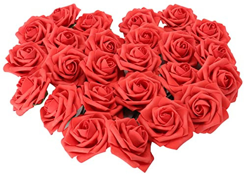 Künstliche Blumen Rosen 25 Stück Künstliche Rosen Kunstblumen Deko Künstliche Blumen Schaum Rosen Künstliche Rosen Blumen Schaumrosen Foamrosen Kunstrose Rosen mit Stiel für Hochzeit Party (Rot)