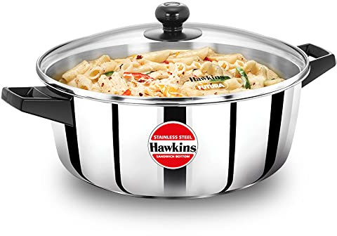 Hawkins 5 Litre Cook n Serve Casserole, Stainless Steel Saucepan with Glass Lid, Induction Pan, Sauce Pan for Cooking and Serving, Black (SSCB50G)