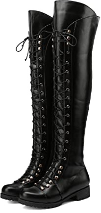 Yishaweiqi Over The Knee High Boots Lace-up Flat Long Boot PU Leather Riding boot
