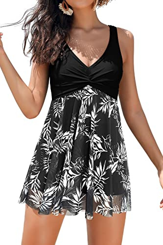 SHEKINI Women's Swimdress One Piece V Neck Swimming Costume Splice Printed Mesh Soft Cup Padded Elegant Bathing Suit Tummy Control with Boyshort, Black+Leaf, Medium