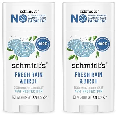 Schmidt's Aluminum-Free Vegan Deodorant Fresh Rain & Birch with 24 Hour Odor Protection, 2 Count for Women and Men, Natural Ingredients, Cruelty-Free, 2.65 oz
