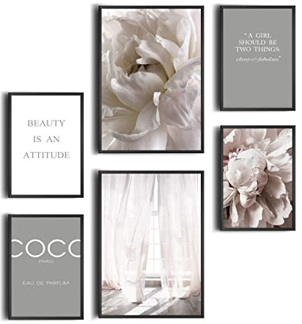 decomonkey | 6er Poster Set OHNE Bilderrahmen | Fashion Blumen Abstrakt | 4 x DIN A4 & 2 x DIN A3 | Wohnzimmer Schlafzimmer Wandposter Blider Collage Modern Wanddeko Pfingstrosen Sprüche Grau