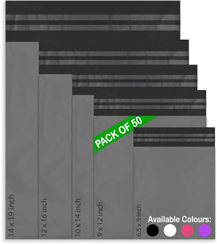 50 Mixed Mailing Poly Postal Self Seal Bags 5 Sizes 10 from Each Red Ember Small to Large Mailing Bags Postage Packaging Assorted Mailers Posting Shipping Post Parcels Package Bags (Grey)