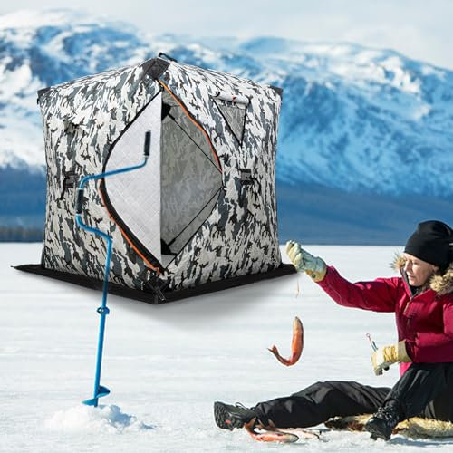 Bärbart isfisketält isolerat tält dubbelt blixtlås isfiskarskydd, 3 lager förtjockad isbarack i bomull med ventilationshål | reflekterande ränder, 145 x 145 x 165 cm (kamouflage)