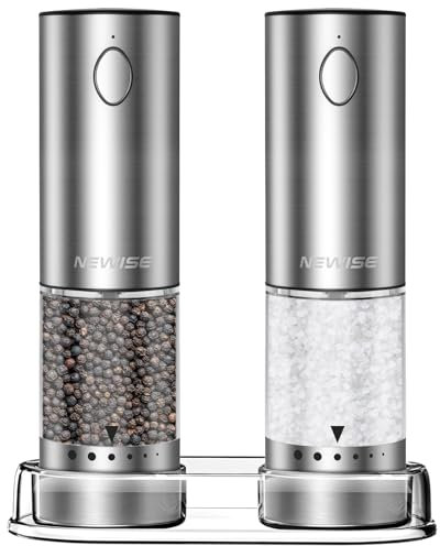 Newise Ensemble de moulins à poivre et sel électriques - Cadeau de Noël - Rechargeable avec lumières LED - Moulin automatique en acier inoxydable - Grosseur réglable - Grande capacité - Argent