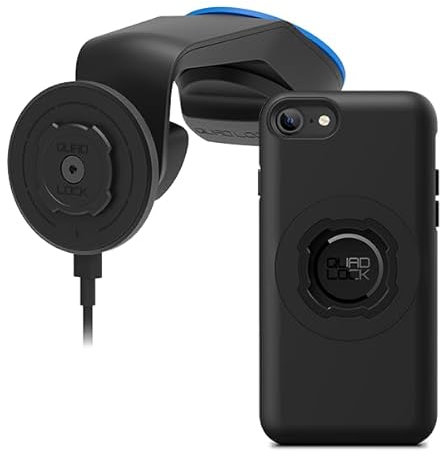 QUAD LOCK Soporte de Ventosa para Teléfono de Coche para Parabrisas/Salpicadero con Cabezal de Carga Inalámbrica mag V2 y Funda mag para iPhone SE (3ra Gen)