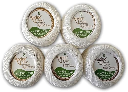 Anchor Pearl Cotton Crochet Embroidery Thread Balls Pack of 5 Size No.8 Thread 85 Meters Each UK (Whte)