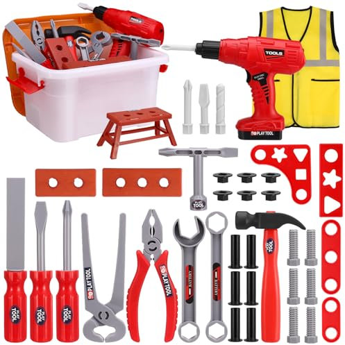 Kids Tool Toys, Pretend Play Tool set with Vest Tool Box with Electric Drill Toy Pretend Play Kids Toys for Kids Boys Girls