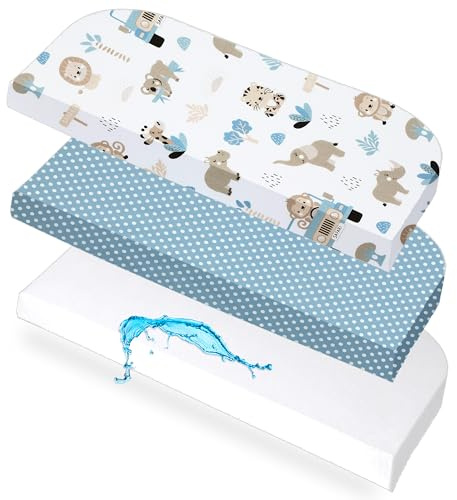 Lovely Hippo 2X Spannbettlaken 50x89 cm Kompatibel mit BabyBay + 1X Matratzenschoner - Spannbettlaken Baby Kompatibel mit Maxi, Boxspring, Comfort, Comfort Plus 100% Baumwolle (Safari Blau, 50x89cm)