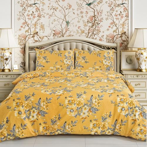 4 Piece Printed Bedding Set Duvet Cover, Deep Fitted Sheet & 2 Pillowcases Single, Double, King, Super King Sizes Soft Microfiber, Wrinkle-Resistant, Easy Care (King (U.K. Standard), Delight Yellow)
