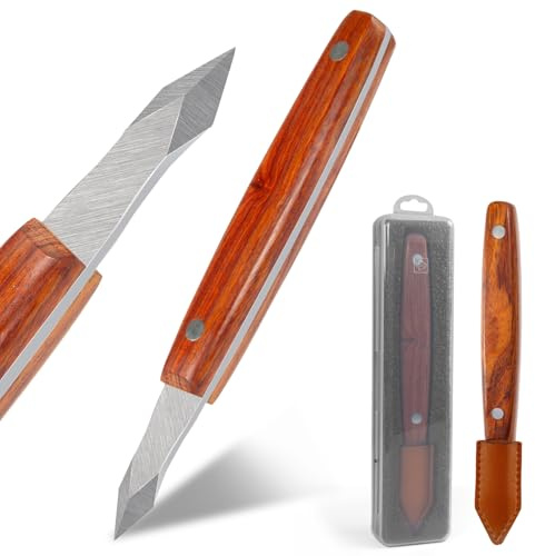 Woodworking Marking & Scribing Knife with High-Carbon Steel Double-Bevel Blade, Ergonomic Wooden Handle & Premium Leather Sheath – Precision DIY Carving Scribe Tool, Woodworking Tools & Draw Knife