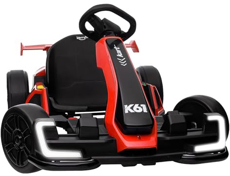 KerryYoo K61 Go Kart Electric Drift Kart with Length Adjustable Seat, 24V Outdoor Ride on Toy with 4 Speed Mode, Crazy Kart for Kids 6-12 Years Old, Fast 300W Motor, 8.5 MPH, Bluetooth - Red