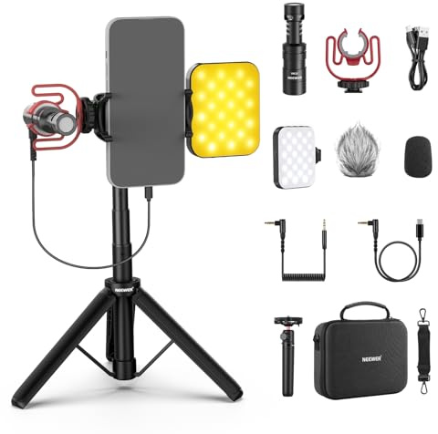 NEEWER Basics PA050 - Kit de vlogging para iPhone Android para Youtube TikTok Streaming Video Recording, trípode Selfie Stick + micrófono + luz de Relleno LED, Youtuber Starter Content Creator