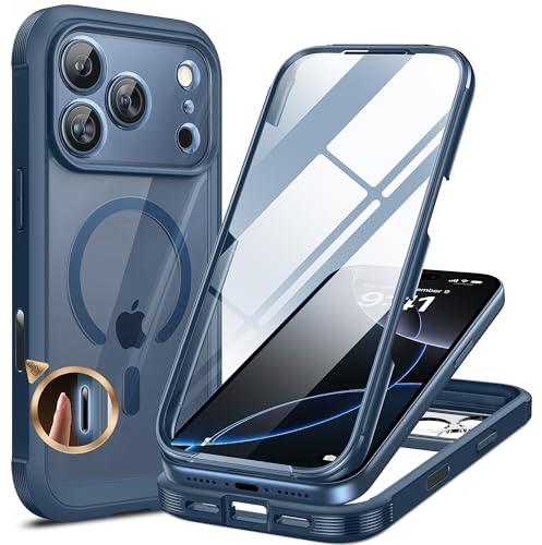 Miracase Magnetic Case for iPhone 17 Pro Max Case 6.9, [Camera Control Capture Button] Built-in Glass Screen Protector, Compatible with MagSafe, Full Body Bumper Clear Back Cover (Dark Blue)