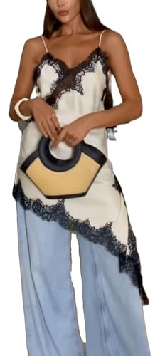 FeMereina Tops Alto-Bajo de Mujer con Ribete de Encaje de Satén y Seda con Tirantes Espagueti Abertura Lateral Asimétrica Cami Top Holgada Sedosa Tops de Capas, Marfil, M