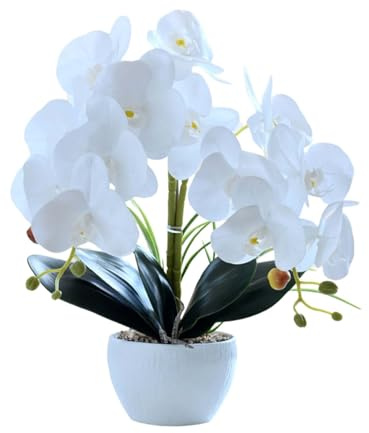 Anynoch 40cm Orquídea Artificial Morada de Dos Puntas con 14 Flores en Maceta Blanca, Impresión 3D, Phalaenopsis Blanca Falsa, Decoración para Cocina, Baño, Hogar, Oficina, Boda (White)