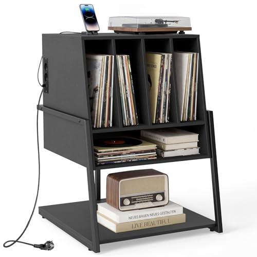 COSTWAY Plattenspielerständer, Vinyl Schallplattentisch mit integrierter Ladestation, breite Tischplatte, 4 Trennwänden & unteres Regal, Schallplattenständer Holz für Arbeitszimmer und Musikzimmer