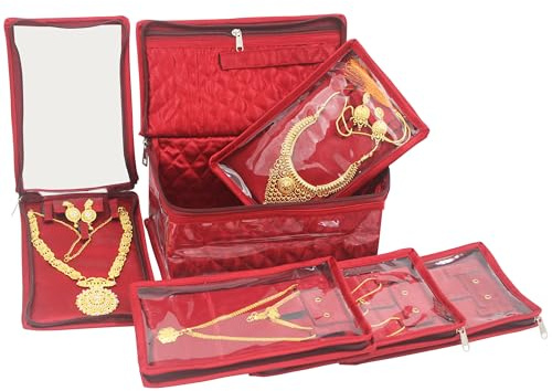 atorakushon Satin Makeup Pouches Cosmetic Necklace Earrings Jewellery Organizer For Women Maroon (Maroon)