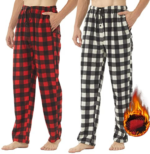 YUSHOW Lot de 2 Pantalon de Pyjama Homme en Polaire à Carreaux Hiver Bas de Pyjama Souple avec Poches Confortable Vêtements de Nuit,Plaid rouge + Plaid noir et blanc,XL