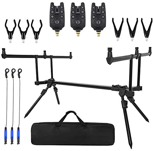 Taruor Adjustable Retractable Carp Fishing Rod Stand Holder with 3 Bite Alarms and 3 Bait s, Fishing Pole Pod Stand Tackle Set Accessories