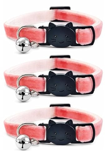 Velvet Cat Collars with Bell. Safe Breakaway Quick Release Buckle. Available in Cat & Kitten Size (Pack of 3) (Cat Collar (20cm - 30cm), Salmon Red Velvet (Pack of 3))