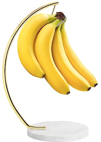 Livabber Banana Holder with Marble Base, Metal Banana Hanger Modern Tree Stand with Hook, Stylish Banana Keeper Fresh Fruit Storage Organizer Freestanding for Kitchen Countertop (Gold, Single Hook)