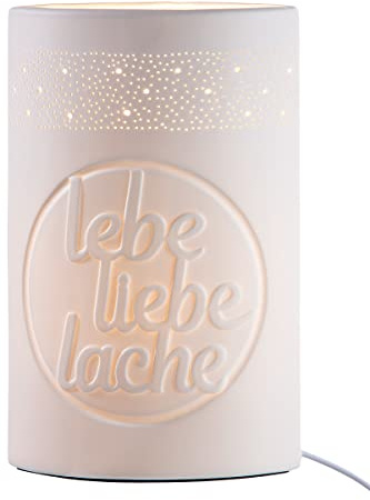 GILDE Porzellan Lampe - Tischlampe Ellipse lebe liebe lache - Dekoration Wohnzimmer - Geschenk weiß Höhe 28,5 cm