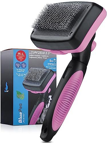 BluePet Brosse Autonettoyante 2.0 pour Grands Chiens et Chats à Poils Longs, Peigne Démélante Anti-Nœuds et Étrille Anti-Sous-Poil (Rose)