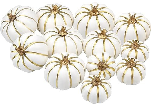 Miaikoe Künstliche Kürbisse 12Pcs Verschiedene Größen Bulk Weiße Goldline Ernte Lebensechte Kürbis gefälschte Schaum Kürbisse Set für Herbst Herbst Halloween Party Thanksgiving Urlaub Dekor Anzeige