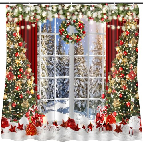 CapiSco Christmas Shower Curtain with Window Scene Curtains for Bathroom Winter Glitter Xmas Tree Bathroom Bathtubs Decor Water Resistant Curtain Set with 12 Hooks Aesthetic Bathtub Waterproof