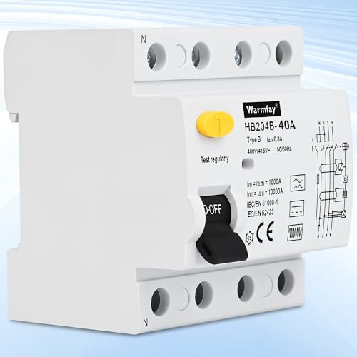 Warmfay FI Schutzschalter 40A 300mA 4 Polig, Fehlerstromschutzschalter Typ B Allstromintensiv Schalter Automat Sicherung, FI Schalter für Wallboxen Ladestationen