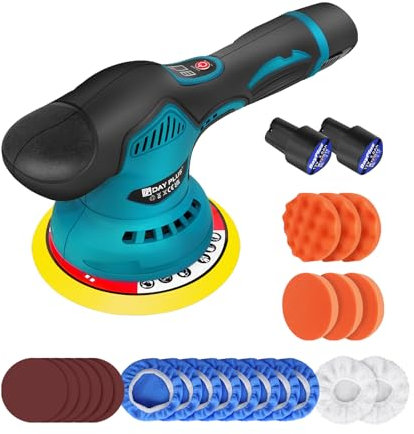 Pulidora de coche de 300 W, pulidora excéntrica/orbital, 8 velocidades, juego de pulido con 2 baterías de 2,0 Ah + 22 almohadillas de pulido para pulir, eliminar arañazos, encerar