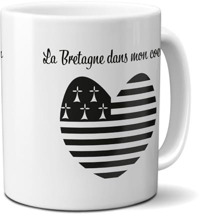 DECOHO - Mug Bretagne dans mon cœur - Tasse cadeau symbole Breton - 33 cl, Céramique - Imprimé en France - Blanc