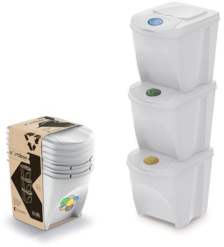 magubo Poubelle à 3 compartiments, système de tri sélectif à 3 compartiments, de qualité supérieure, robuste et spacieuse, 3 x 25 l, pour un tri efficace des déchets, noire, 3 x 25 l (Blanc, 3x25L)