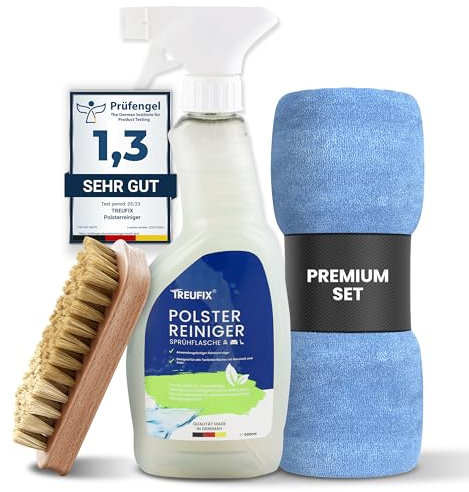 Treufix - Polsterreiniger & Teppichreiniger für Autositze, Sofa & Couch [Profi SET inkl. Polsterbürste & Mikrofasertuch] Effektiver Sofa Reiniger für maximale Sauberkeit 500 ml - Made in DE