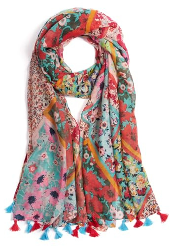 XINGSHUNFU Scarf for Women Lightweight Fashion Floral Printed Scarves Boho Fall Winter Fringed Shawl Wraps(Red Flower)