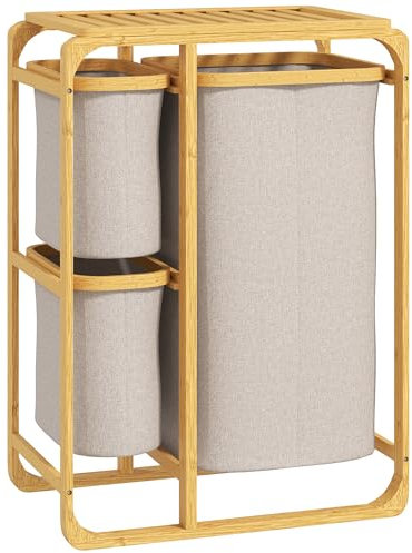 HOMCOM Cesto Portabiancheria Salvaspazio, Cesto Portabiancheria Elegante con 3 Sacchi e Ripiani in Tessuto, Bambù, 50x32x69.7 cm, Color Bambù e Crema