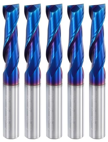 sourcing map 5pcs Spiral Router Bit, 6mm Cut Dia. Up Cut 2-Flute Solid Carbide End Mill with 6mm Shank for CNC Wood Carving Engraving, 22mm Cut Length, Blue Nano Coated