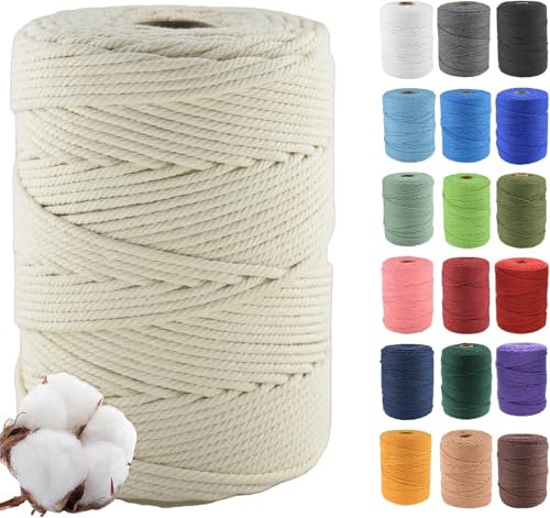 Klhamky Cuerda de algodón natural macramé de 4 mm x 160 m, cuerda de algodón 100 % natural de 4 hilos retorcidos para perchas hechas a mano, bricolaje, creaciones artesanales, beige