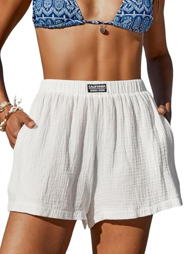 CUPSHE Women's Casual Shorts Cotton High Rise Beach Cover Ups Summer Shorts with Pockets White, M