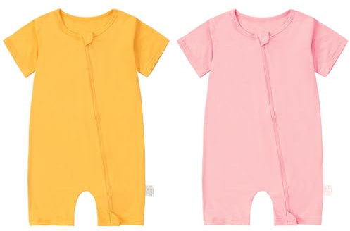 COOKY.D 2 Pack Bamboo Fiber Short Summer Romper Pink & Yellow,12-18 Months