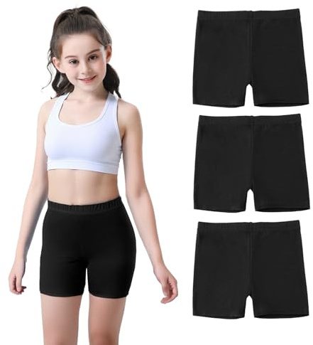 Sahunfri Girls Cycling Shorts 3 Pack - 95% Cotton Elastic Waist Breathable Shorts for Cycling Sports (UK, Numeric, 160, Regular, Black)